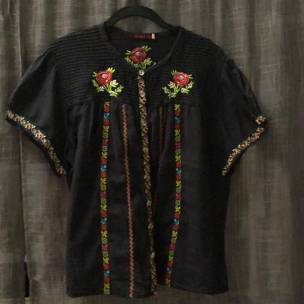 Johnny Was black cotton button down embroidered blouse, XL